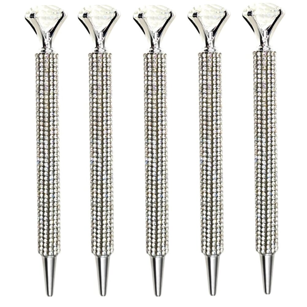 🟢 5️⃣ Pack Bling Rhinestone Crown Silver Ballpoint Pens